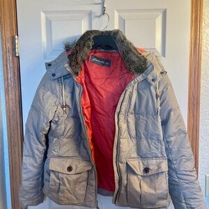 Eddie Bauer Tan Puffer Jacket with Pink Lining